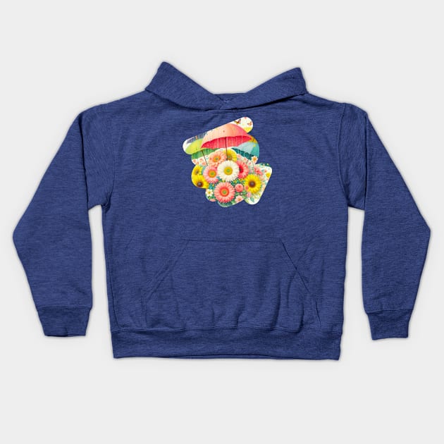 A bunch of flowers dancing in the rain with colorful umbrellas Kids Hoodie by maricetak